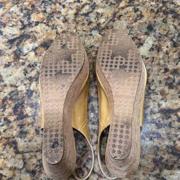 Jimmy Choo Yellow Patent Wedge Sandals - Picture 4 of 5